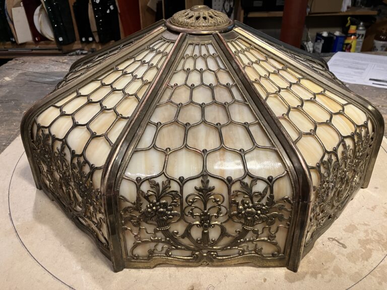 1924 Bradley and Hubbard slag glass lamp after restoration