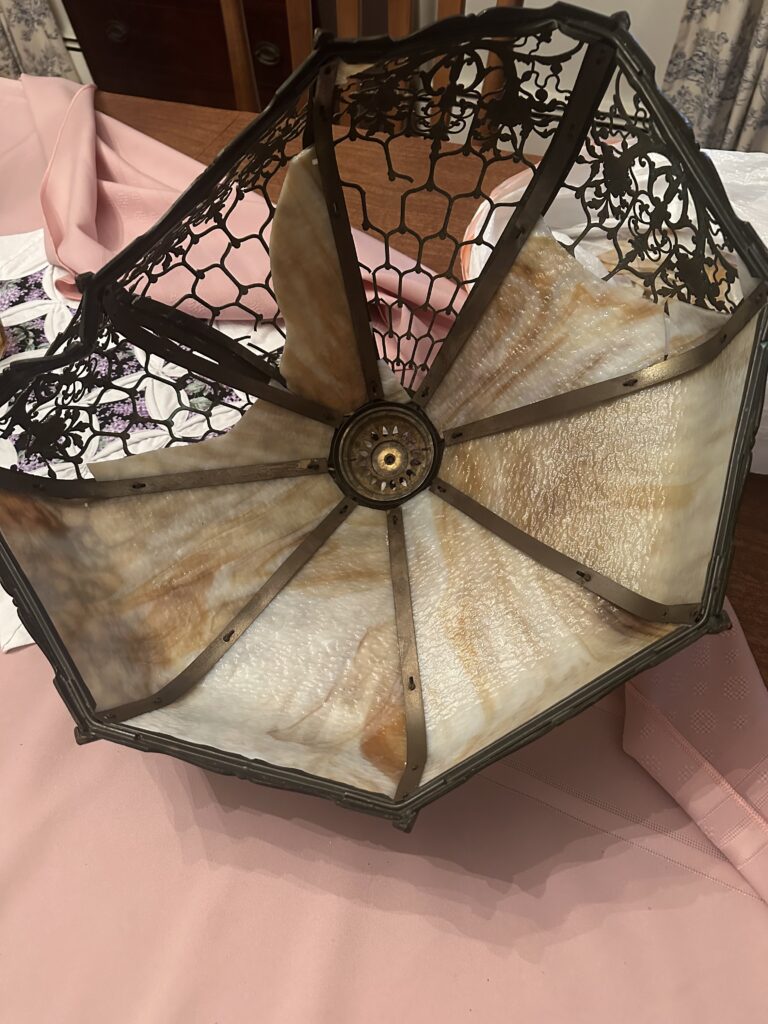 1924 Bradley and Hubbard slag glass lamp before restoration